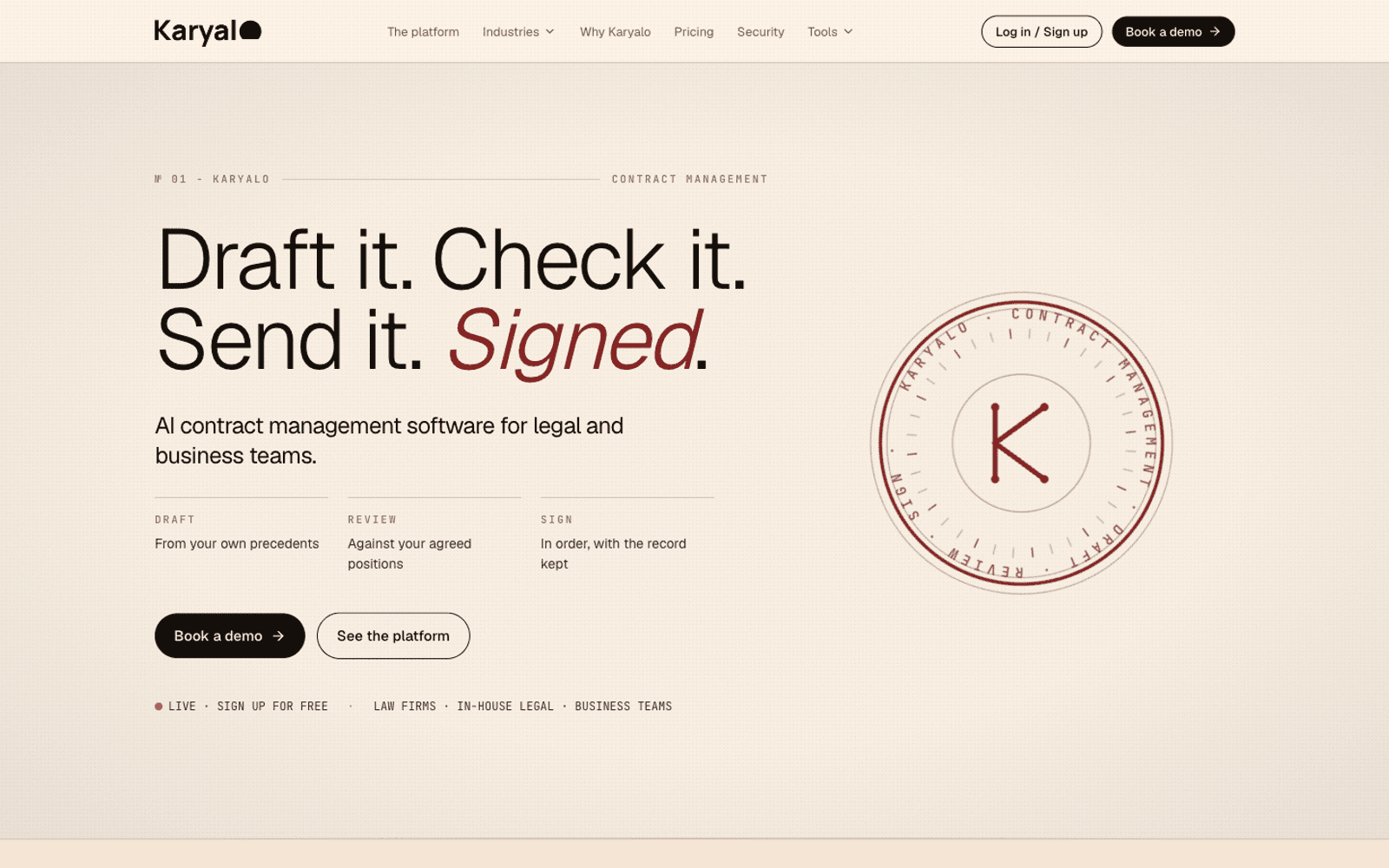 Karyalo website home page: Draft it. Check it. Send it. Signed.